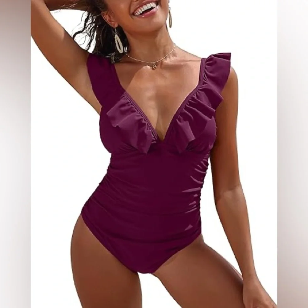 Sociala Ruched Tummy Control One Piece Ruffle Bathing/Swim Suit Fuchsia Red Sz M